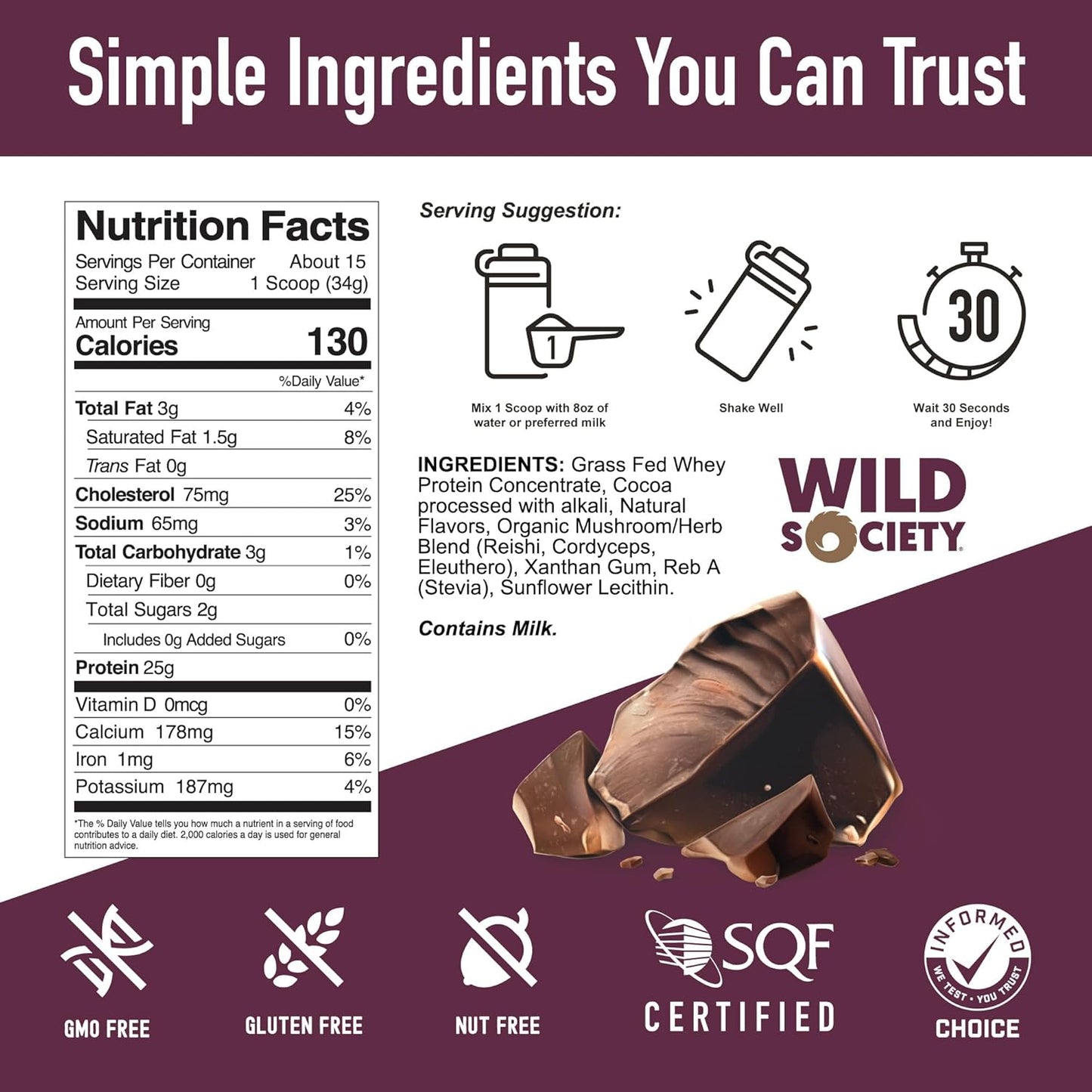 Premium Grass Fed Whey Protein Powder with Superfood Mushrooms & Adaptogens - 25g Protein, Clean & Sugar-Free - Dutch Chocolate - 17.9 oz