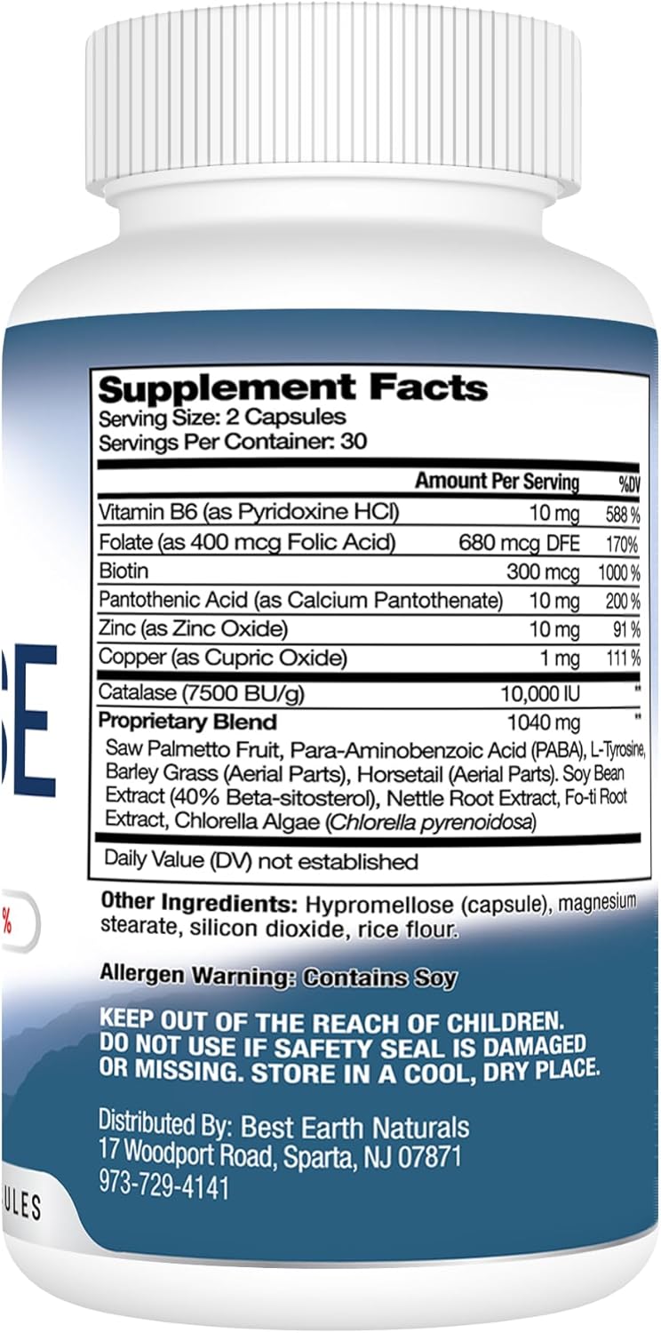 Premium Hair Growth Supplement with Catalase, Saw Palmetto, Biotin, Fo-Ti, PABA - Strong Hair Support - 60 Capsules