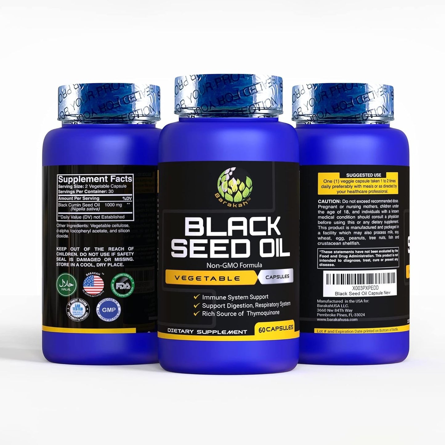 Premium Halal Non-GMO Black Seed Oil Capsules - 60 Count, 1000mg Per Serving, Cold-Pressed Vegan Supplement
