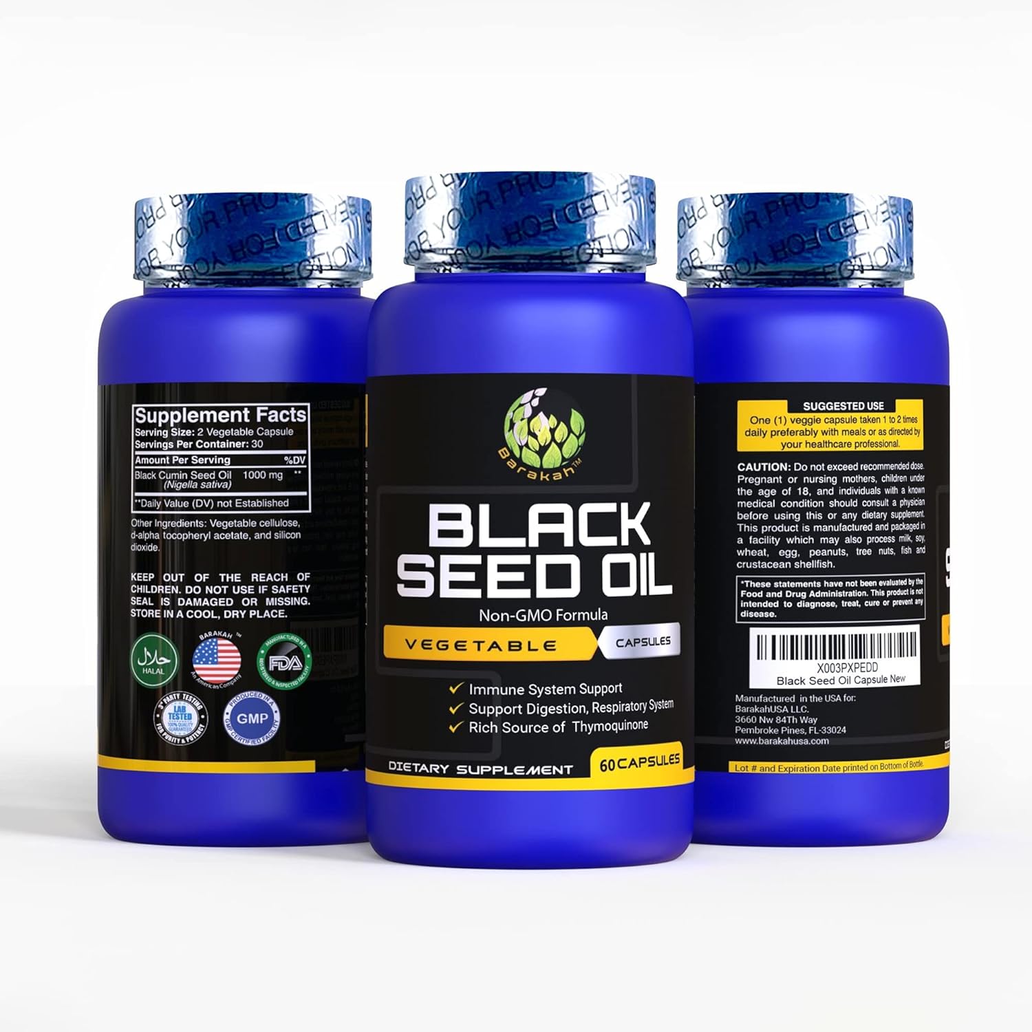 Premium Halal Non-GMO Black Seed Oil Capsules - 60 Count, 1000mg Per Serving, Cold-Pressed Vegan Supplement