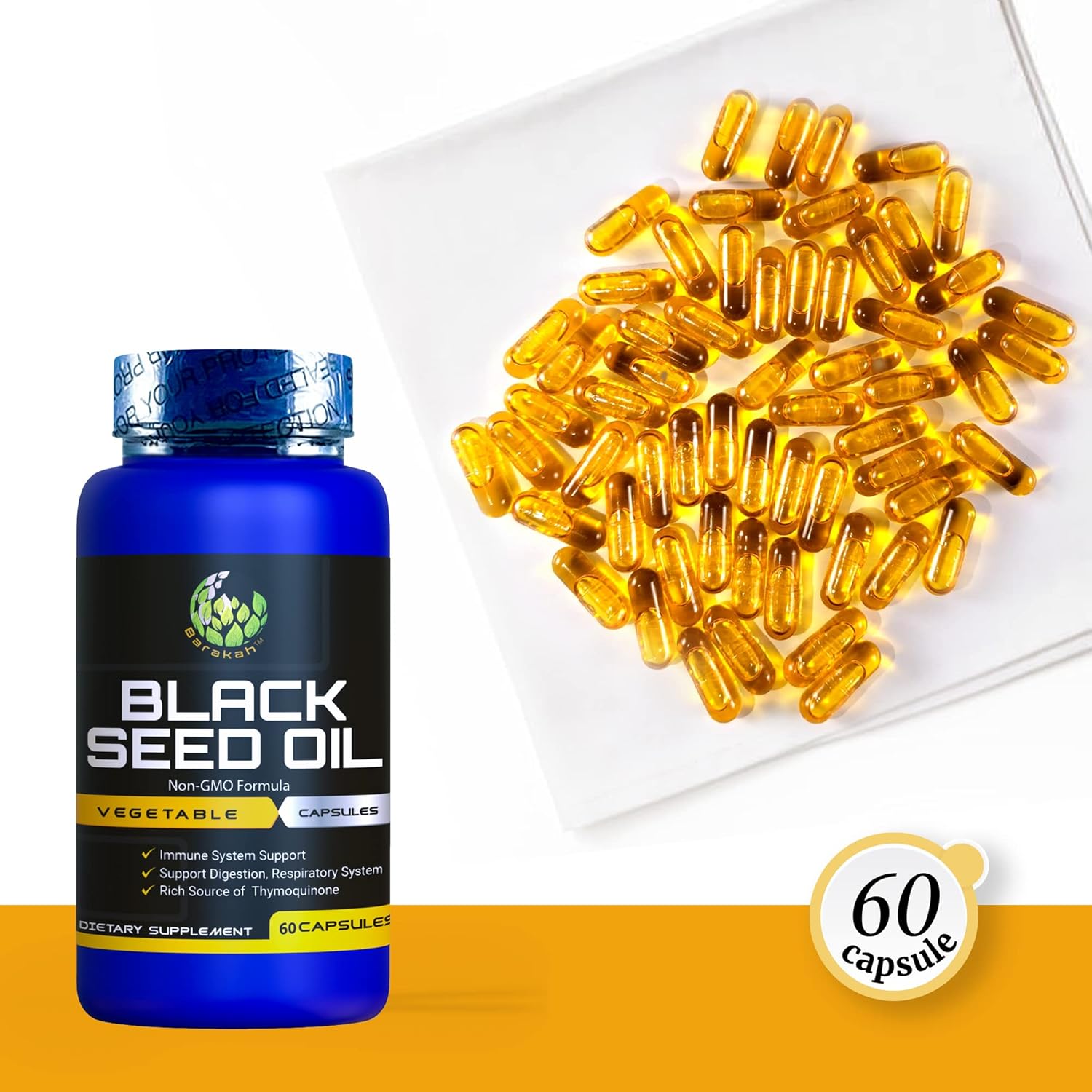 Premium Halal Non-GMO Black Seed Oil Capsules - 60 Count, 1000mg Per Serving, Cold-Pressed Vegan Supplement