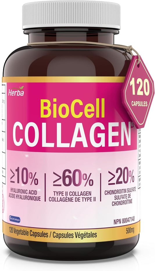 Premium Herba BioCell Collagen Capsules 500mg - 120 Veg Caps | Type II Collagen, Hyaluronic Acid, Chondroitin | Anti-Aging & Joint Support