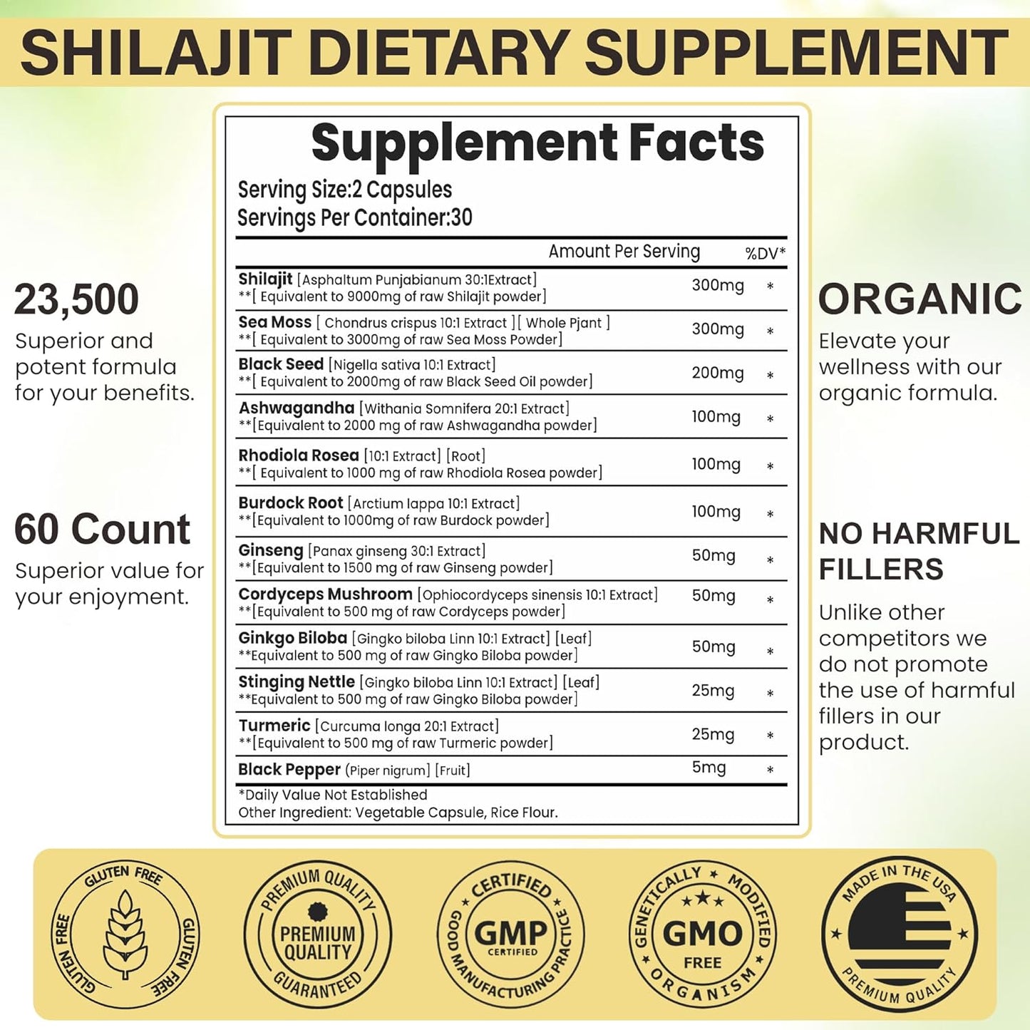 Premium Herbal Supplement with Shilajit, Sea Moss, Black Seed Oil, Ashwagandha, and More (60 Caps)