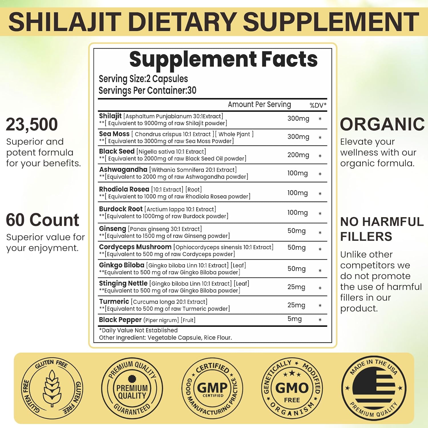 Premium Herbal Supplement with Shilajit, Sea Moss, Black Seed Oil, Ashwagandha, and More (60 Caps)