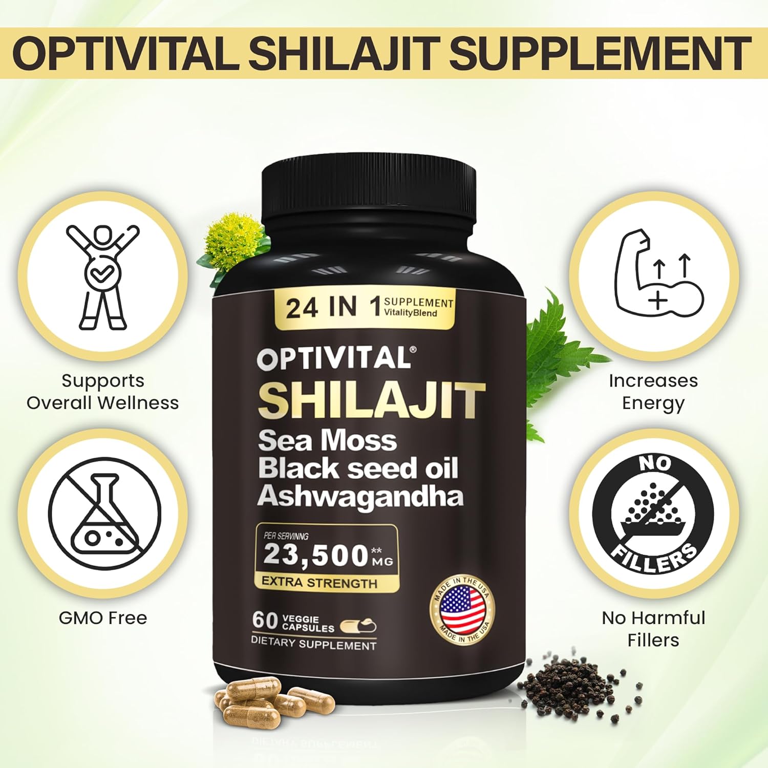 Premium Herbal Supplement with Shilajit, Sea Moss, Black Seed Oil, Ashwagandha, and More (60 Caps)