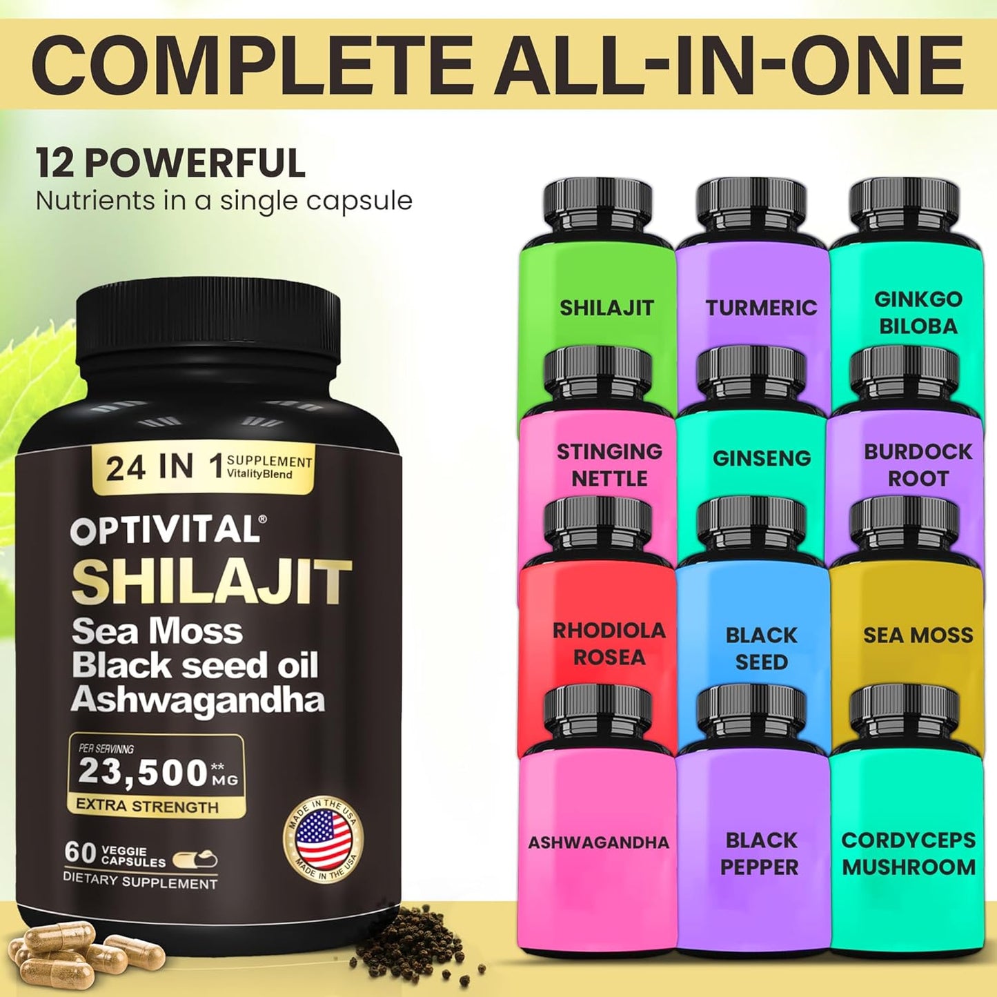 Premium Herbal Supplement with Shilajit, Sea Moss, Black Seed Oil, Ashwagandha, and More (60 Caps)