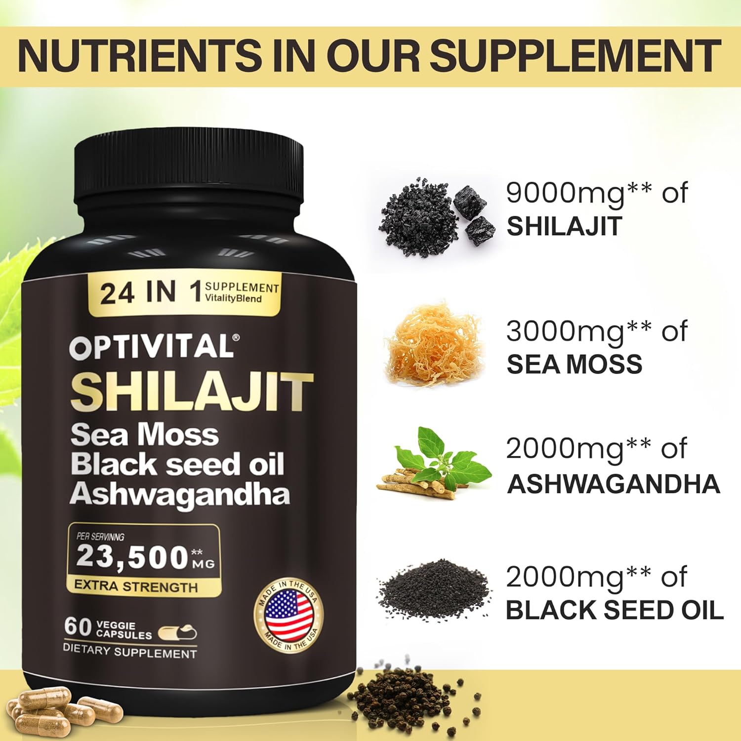 Premium Herbal Supplement with Shilajit, Sea Moss, Black Seed Oil, Ashwagandha, and More (60 Caps)