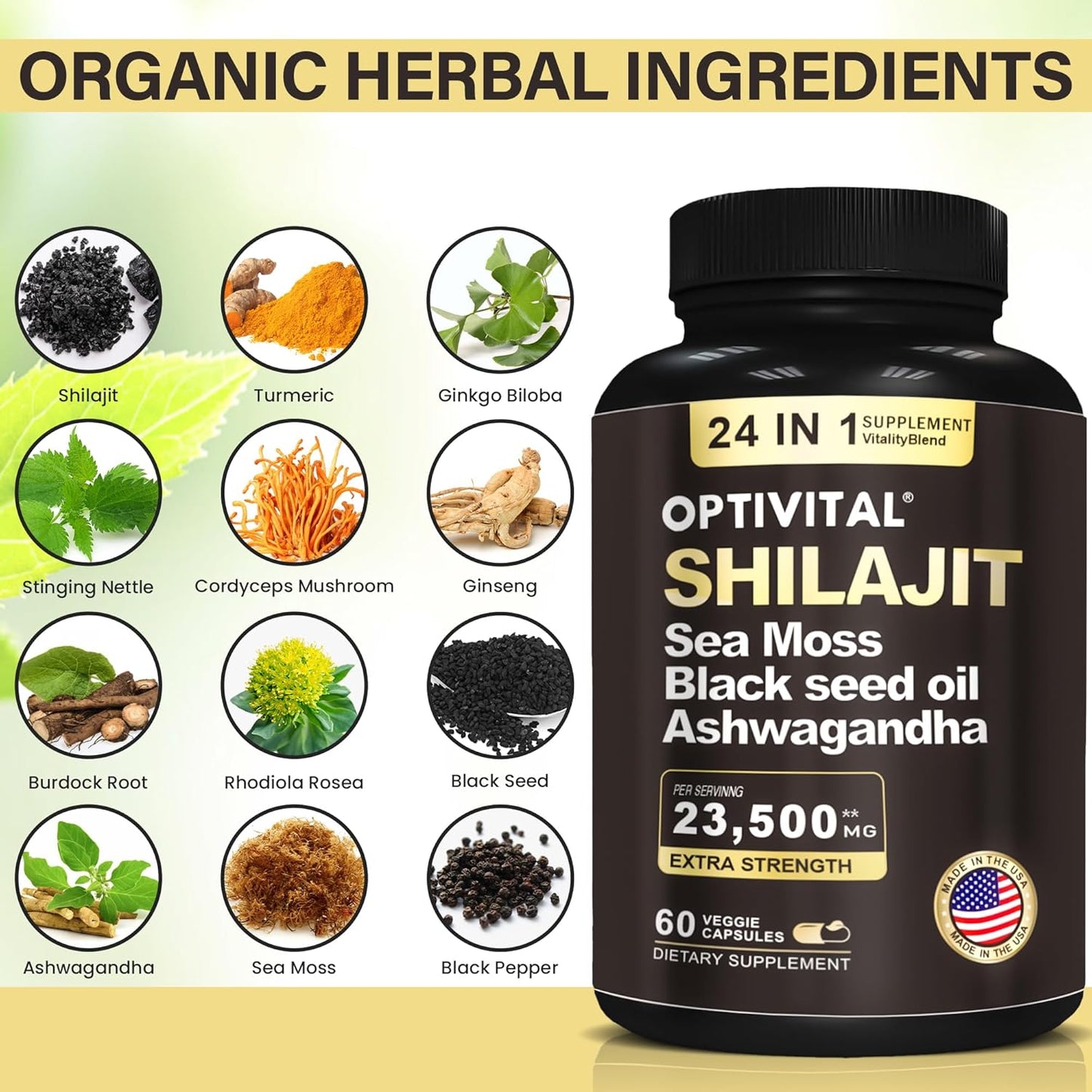 Premium Herbal Supplement with Shilajit, Sea Moss, Black Seed Oil, Ashwagandha, and More (60 Caps)