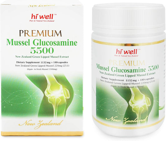 Premium Hi Well New Zealand Green Lipped Mussel Glucosamine 5500 - 180 Veg Capsules