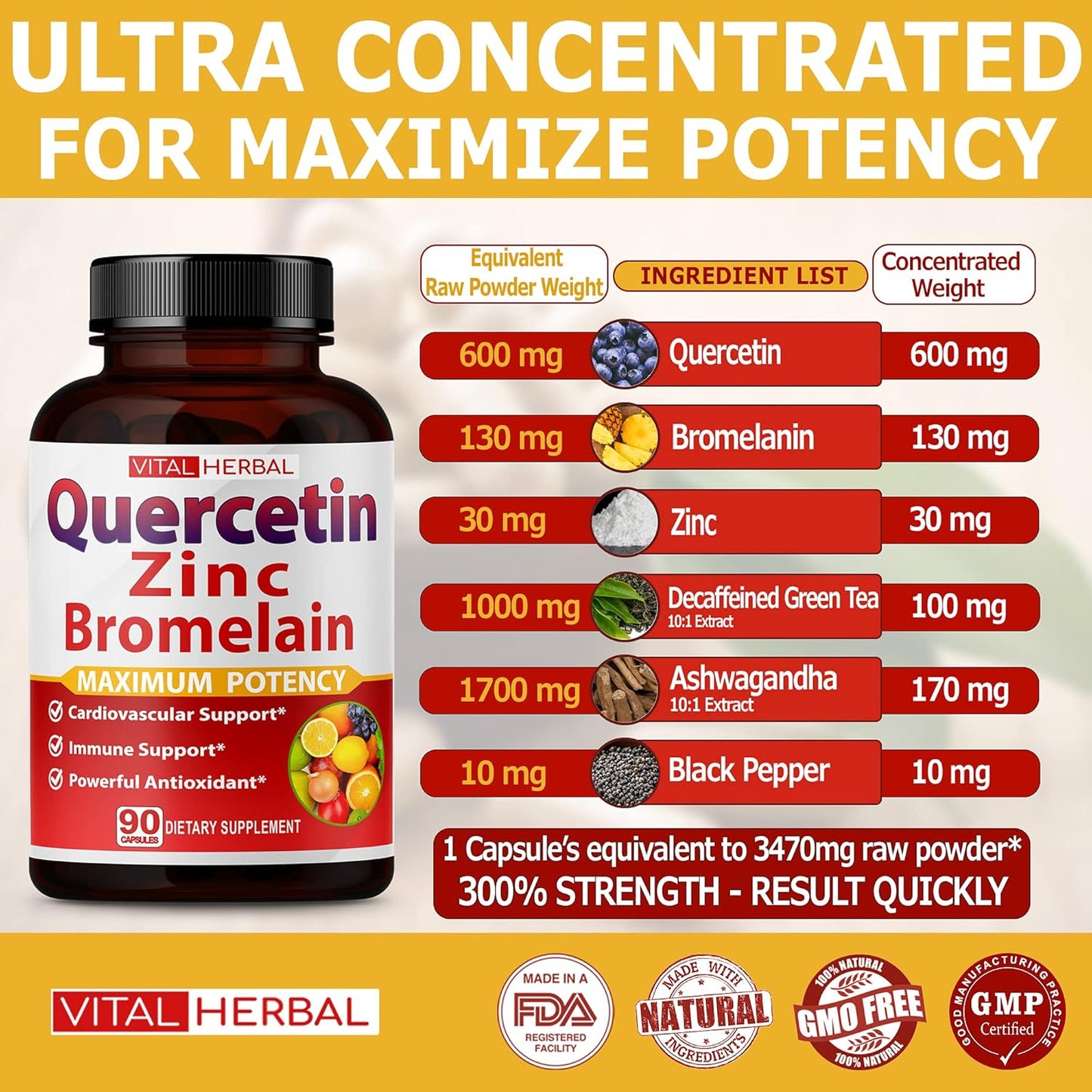 Premium High Purity Quercetin 98% with Bromelain Capsules - Maximum Potency with Green Tea Ashwagandha - 90 Days Supply