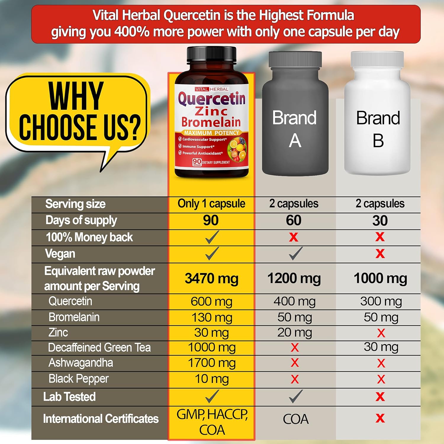 Premium High Purity Quercetin 98% with Bromelain Capsules - Maximum Potency with Green Tea Ashwagandha - 90 Days Supply