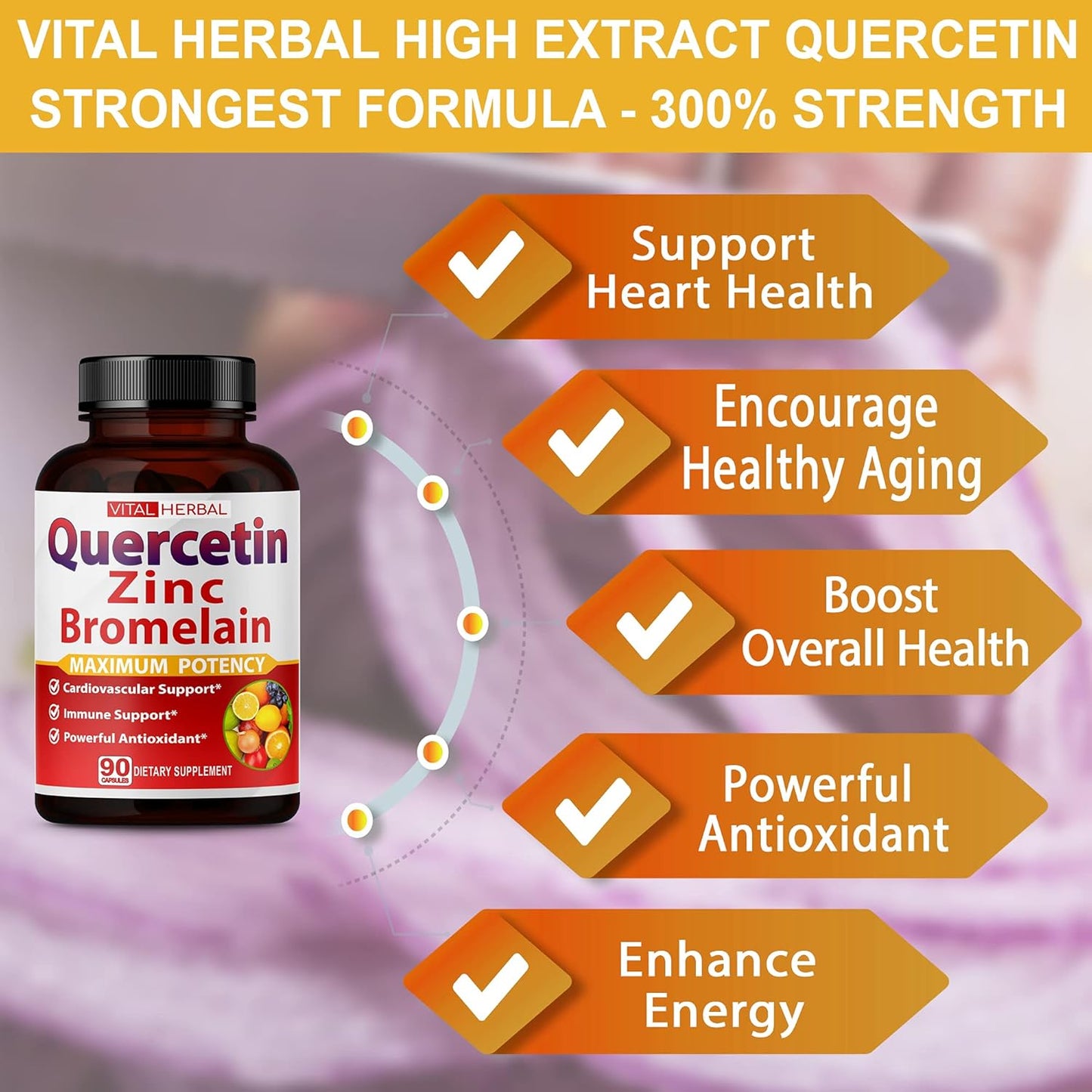 Premium High Purity Quercetin 98% with Bromelain Capsules - Maximum Potency with Green Tea Ashwagandha - 90 Days Supply