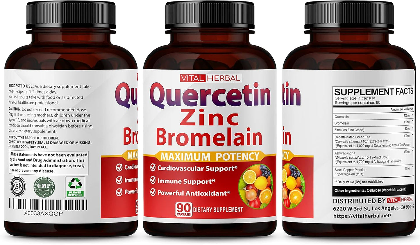 Premium High Purity Quercetin 98% with Bromelain Capsules - Maximum Potency with Green Tea Ashwagandha - 90 Days Supply