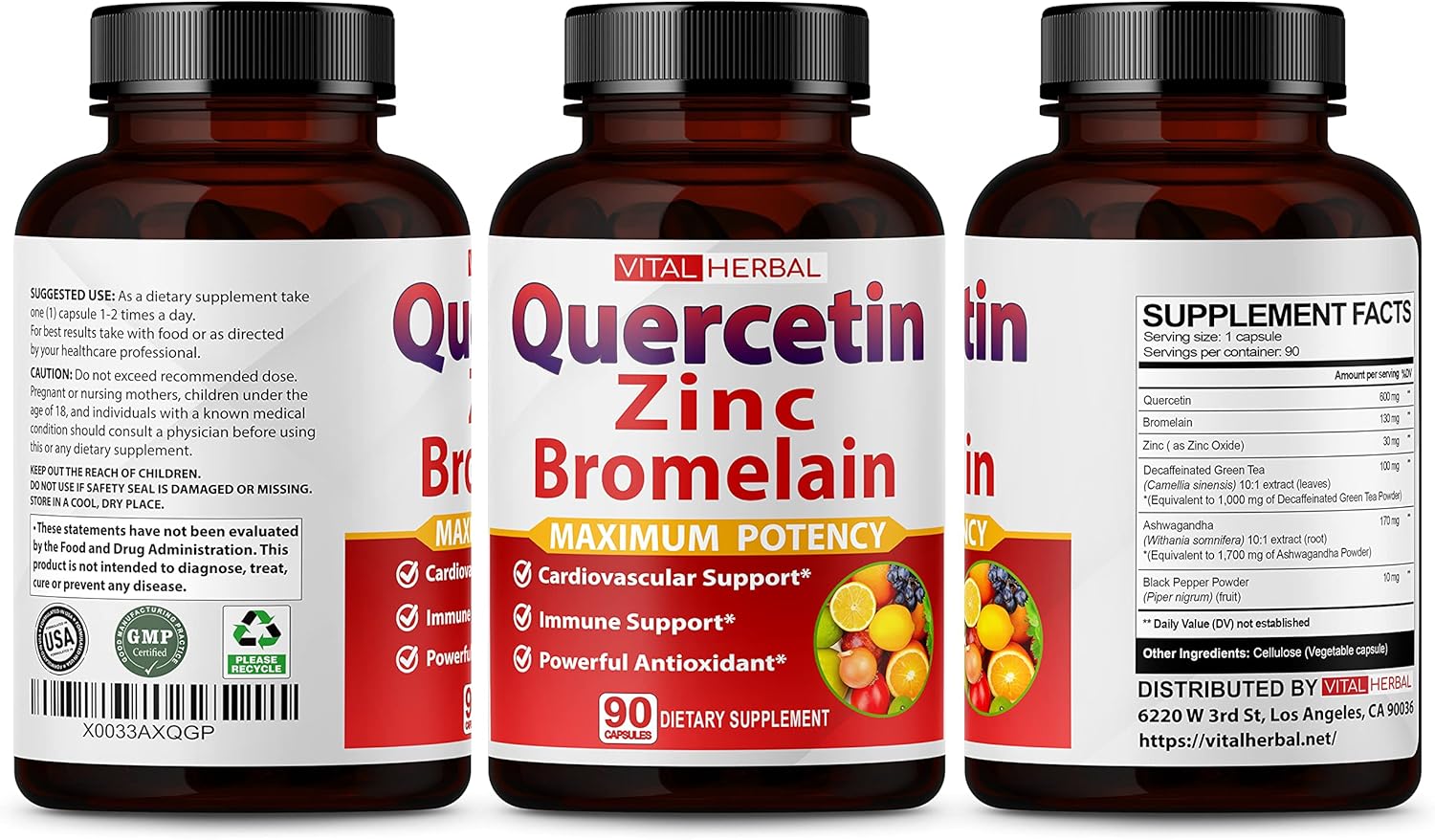 Premium High Purity Quercetin 98% with Bromelain Capsules - Maximum Potency with Green Tea Ashwagandha - 90 Days Supply