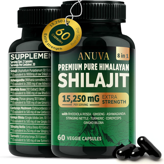 Premium Himalayan Shilajit Capsules with Ashwagandha, Cordyceps Mushroom, Turmeric, Ginseng, Gingko Biloba, Stinging Nettle - 15,250mg - 60 Vegetarian Capsules - Men and Women Formula