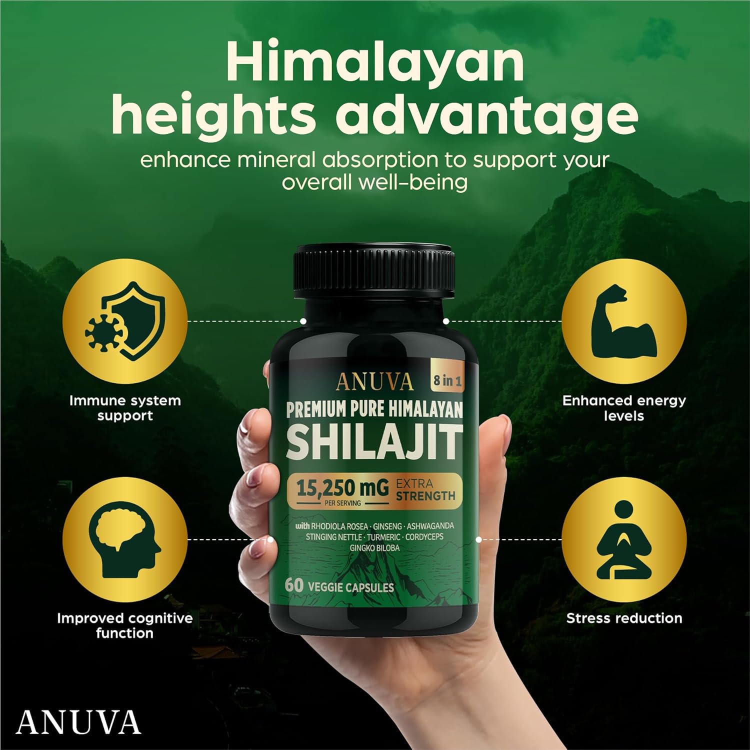 Premium Himalayan Shilajit Capsules with Ashwagandha, Cordyceps Mushroom, Turmeric, Ginseng, Gingko Biloba, Stinging Nettle - 15,250mg - 60 Vegetarian Capsules - Men and Women Formula
