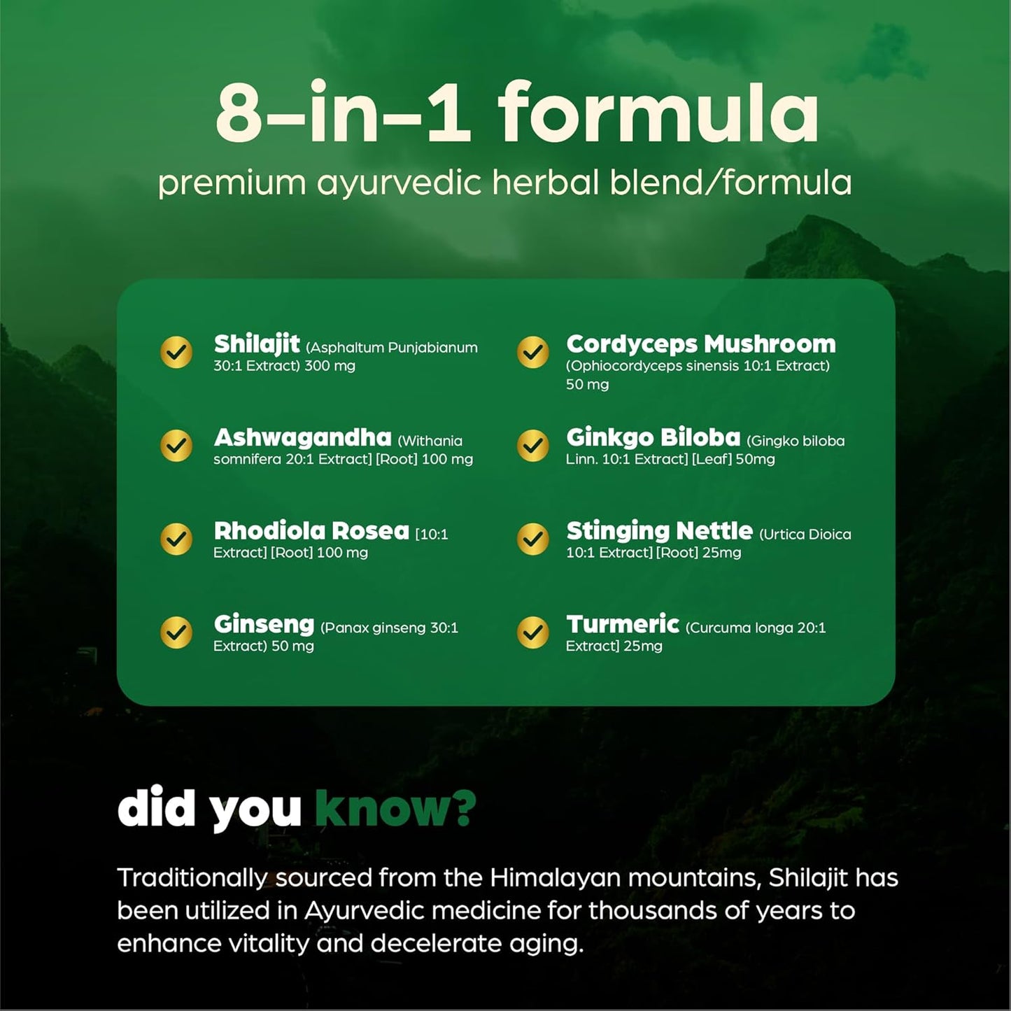 Premium Himalayan Shilajit Capsules with Ashwagandha, Cordyceps Mushroom, Turmeric, Ginseng, Gingko Biloba, Stinging Nettle - 15,250mg - 60 Vegetarian Capsules - Men and Women Formula