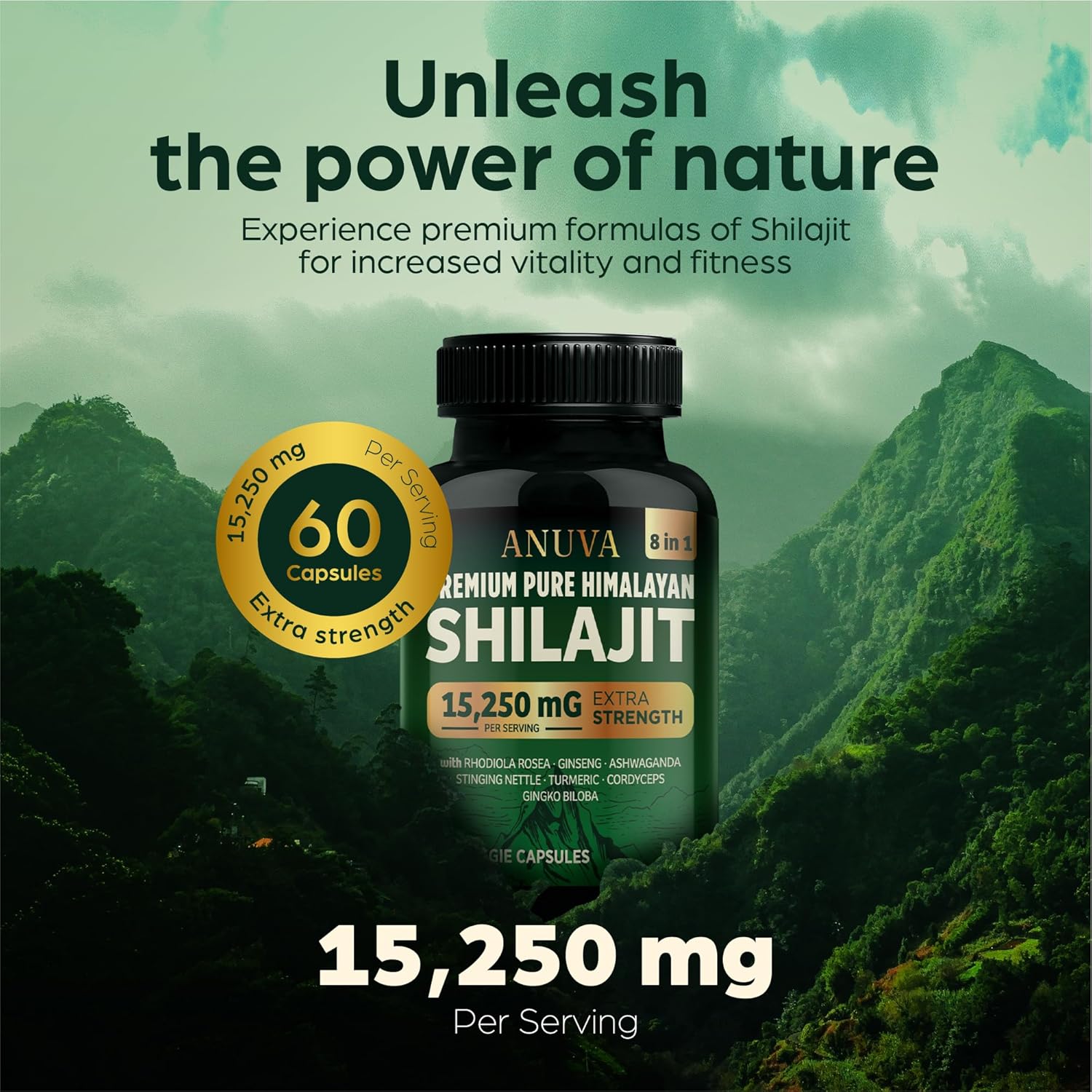 Premium Himalayan Shilajit Capsules with Ashwagandha, Cordyceps Mushroom, Turmeric, Ginseng, Gingko Biloba, Stinging Nettle - 15,250mg - 60 Vegetarian Capsules - Men and Women Formula