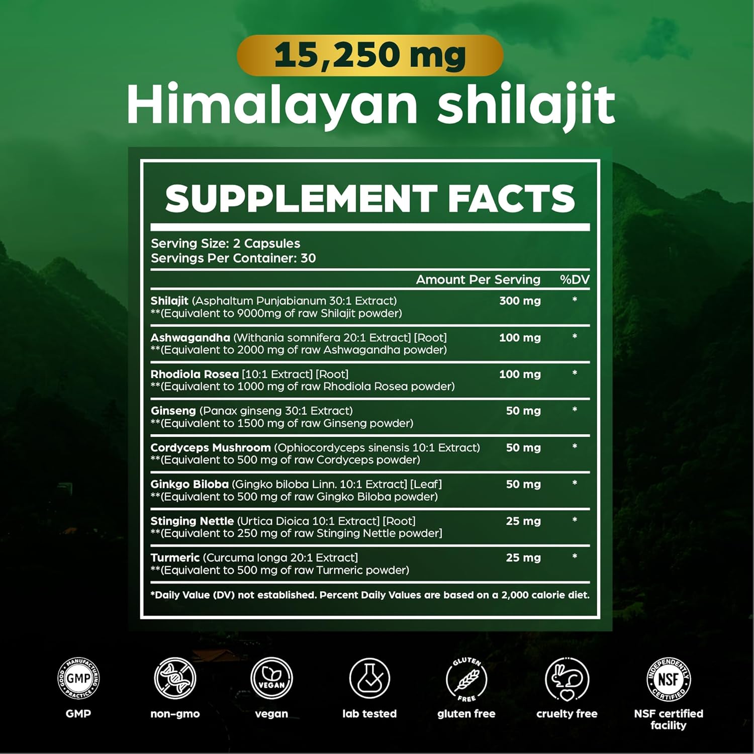 Premium Himalayan Shilajit Capsules with Ashwagandha, Cordyceps Mushroom, Turmeric, Ginseng, Gingko Biloba, Stinging Nettle - 15,250mg - 60 Vegetarian Capsules - Men and Women Formula