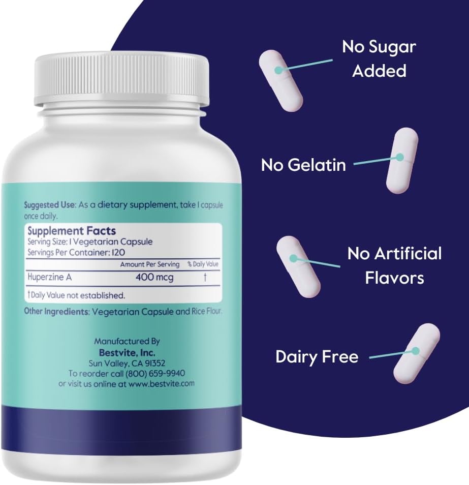 Premium Huperzine A 400mcg Supplement - 120 Vegan Capsules - Non-GMO & Gluten-Free - No Stearates Included