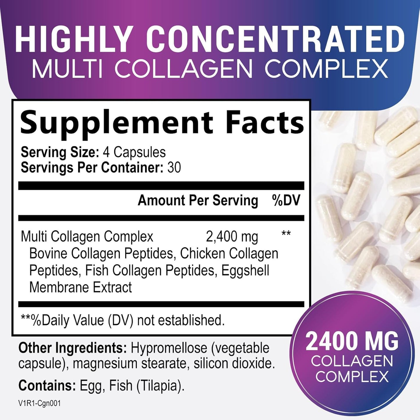 Premium Hydrolyzed Collagen Peptides Supplement for Hair, Skin, Nails, Joints, and Bones - Grass Fed, Non-GMO - 120 Capsules