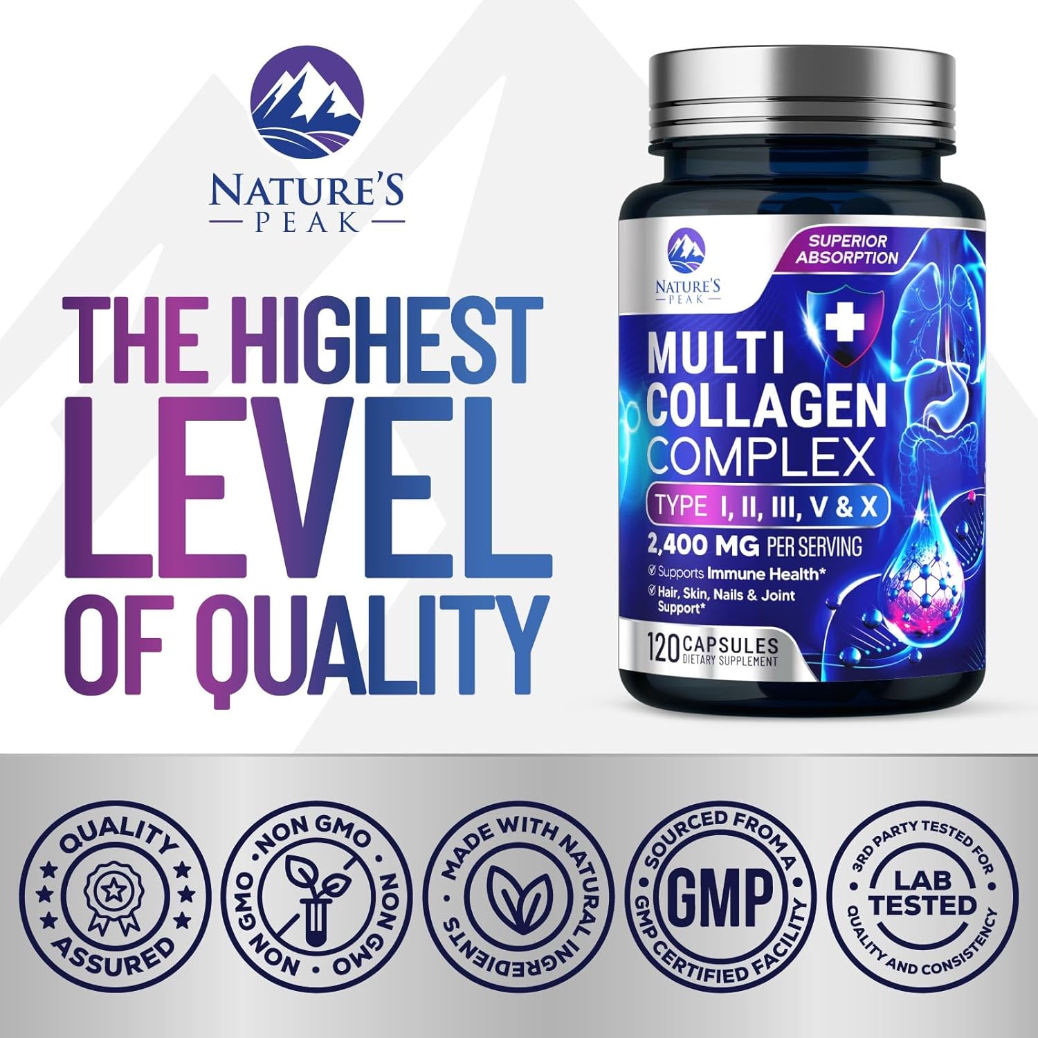 Premium Hydrolyzed Collagen Peptides Supplement for Hair, Skin, Nails, Joints, and Bones - Grass Fed, Non-GMO - 120 Capsules