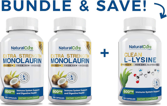 Premium Immune Support Bundle: Monolaurin 800mg (2 Pack) + L-Lysine Supplement