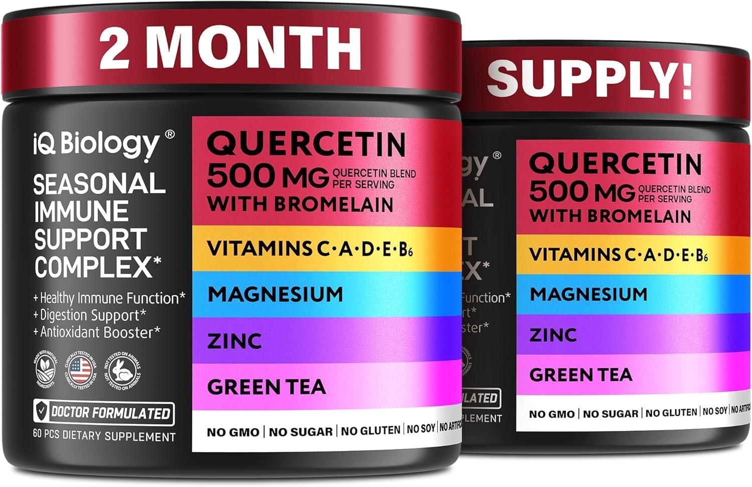 Premium IQ BIOLOGY Quercetin with Bromelain Capsules for Immune Support - Non GMO Supplement - 2 Pack (120 Capsules)