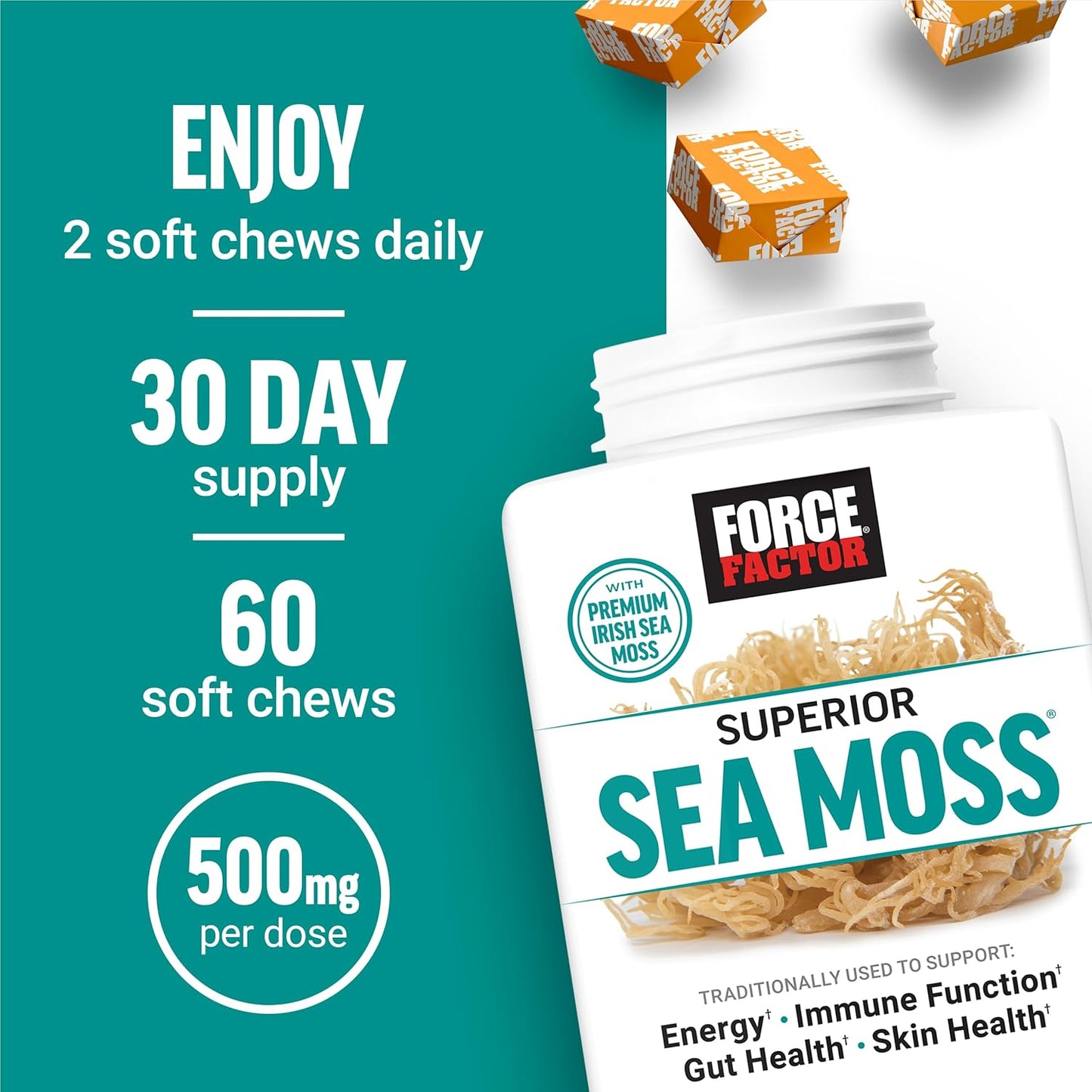 Premium Irish Sea Moss Soft Chews for Energy, Immunity, Gut & Skin Health - Salted Caramel Flavor - Non-GMO & Gluten Free - 60 Count