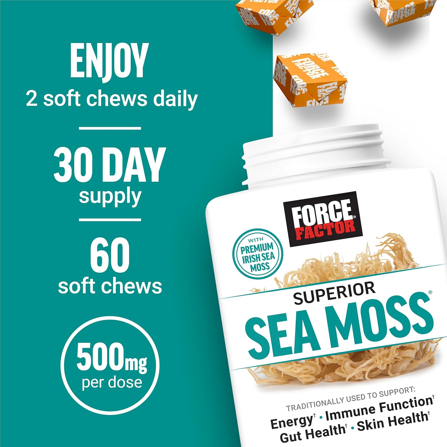 Premium Irish Sea Moss Soft Chews for Energy, Immunity, Gut & Skin Health - Salted Caramel Flavor - Non-GMO & Gluten Free - 60 Count
