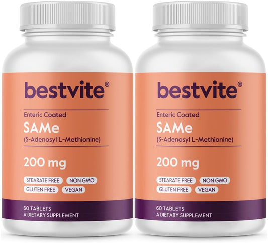 Premium Italian BESTVITE SAM-e 200mg Tablets - 120 Count (60 x 2)
