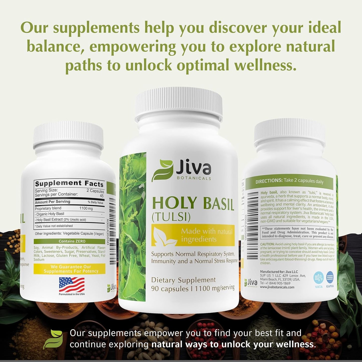 Premium Jiva Botanicals Holy Basil Capsules with Tulsi Powder - Natural Ayurvedic Herb Supplement - 90 Vegan Capsules