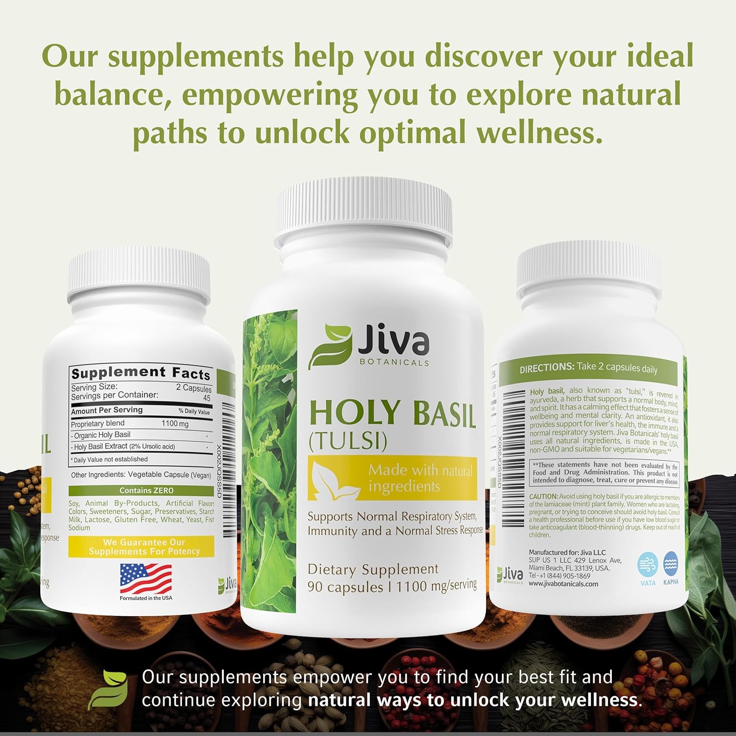 Premium Jiva Botanicals Holy Basil Capsules with Tulsi Powder - Natural Ayurvedic Herb Supplement - 90 Vegan Capsules