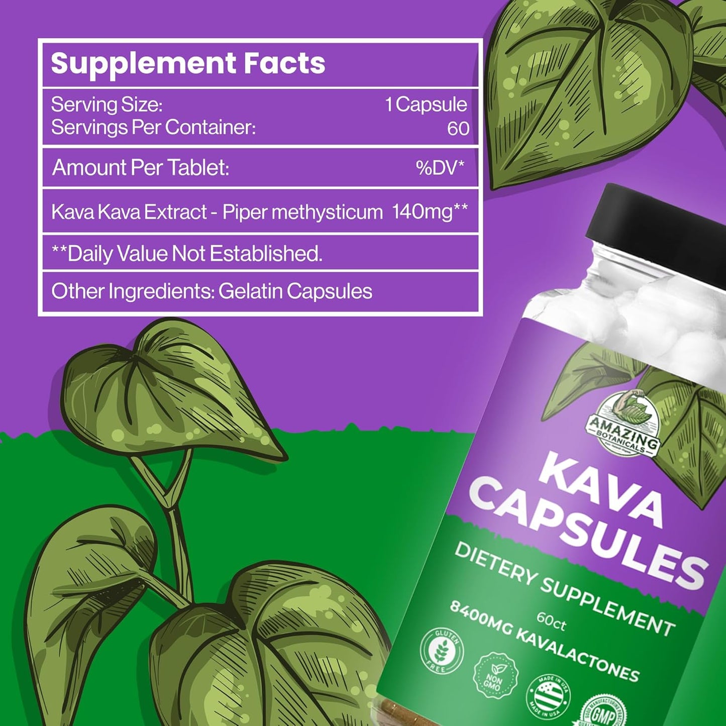 Premium Kava Kava Capsules for Deep Relaxation | 1000mg Kava Root Extract | Natural Tension Relief | 100% Noble Fijian Kava Root Powder | Non-GMO - 60 Count