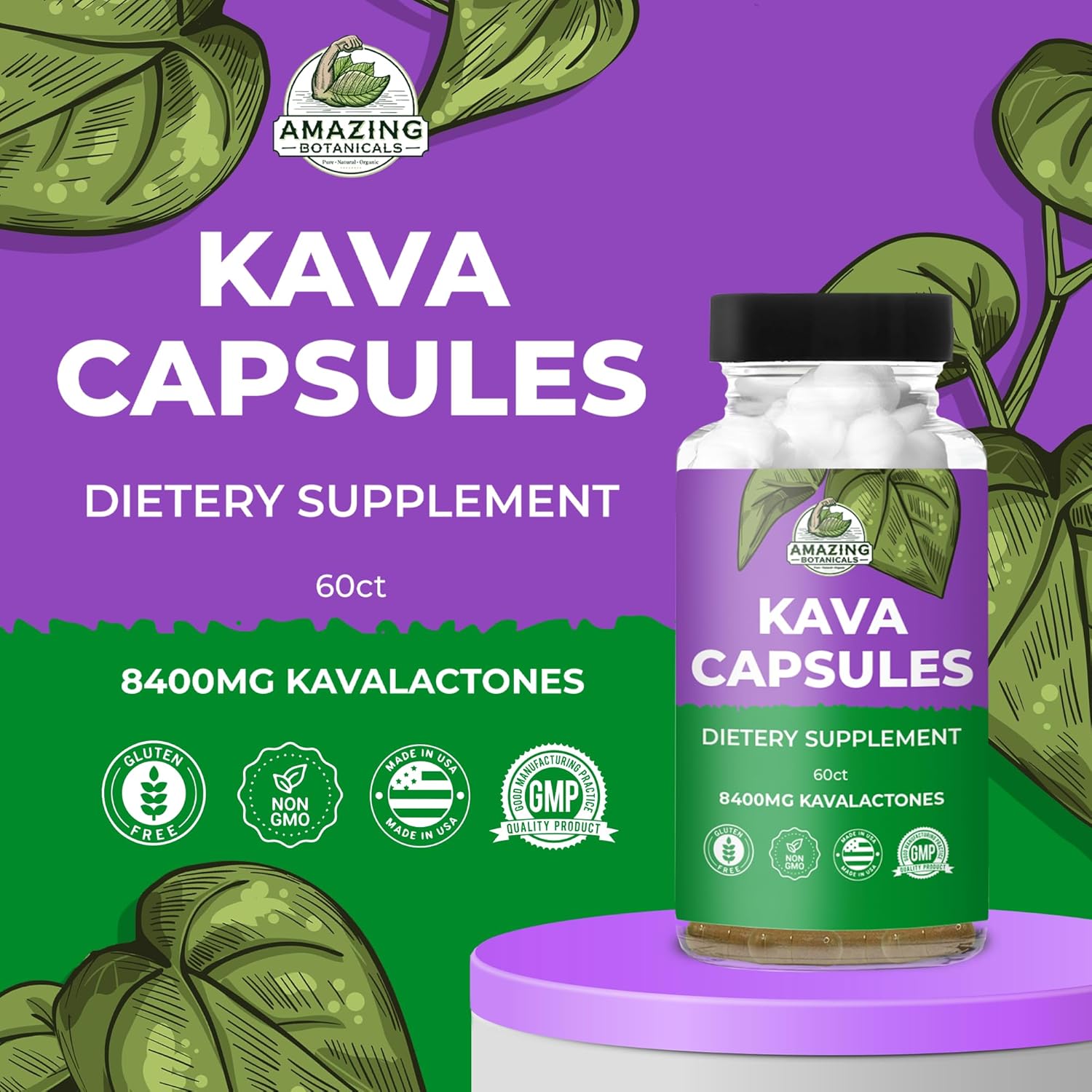 Premium Kava Kava Capsules for Deep Relaxation | 1000mg Kava Root Extract | Natural Tension Relief | 100% Noble Fijian Kava Root Powder | Non-GMO - 60 Count