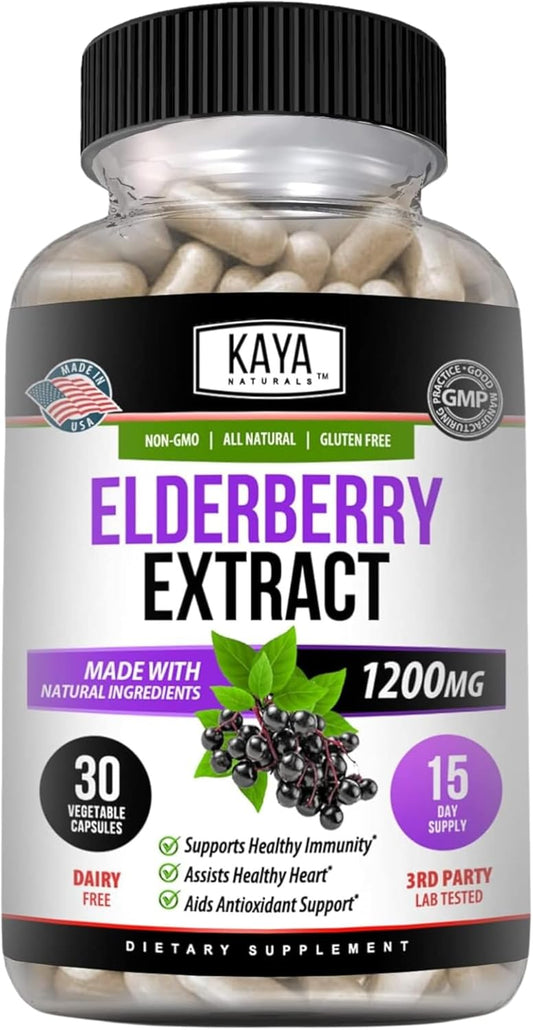 Premium Kaya Naturals Elderberry Extract Capsules - 1200mg Immune Support with Antioxidants - 30 Count