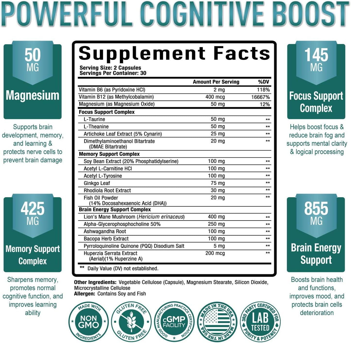 Premium Keto Pills with Apple Cider Vinegar & Brain Supplement - Nootropic Brain Booster for Focus, Memory & Mood