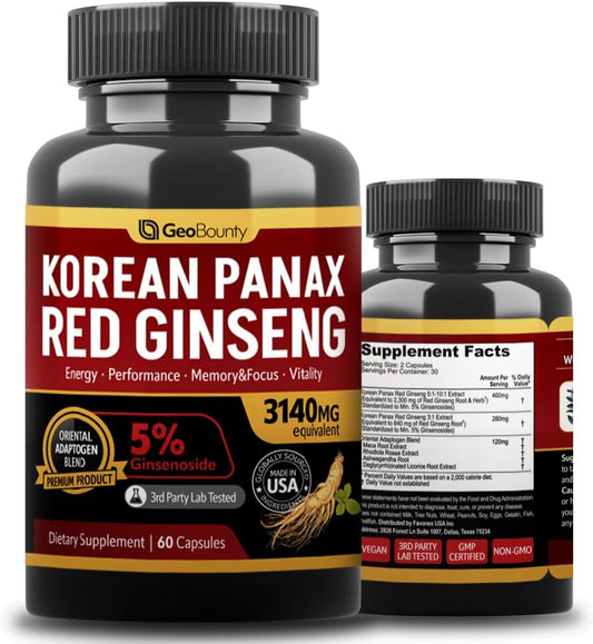 Premium Korean Panax Red Ginseng Supplements 3140mg - 60 Capsules with Maca Root - Made in USA - High Ginsenoside Content