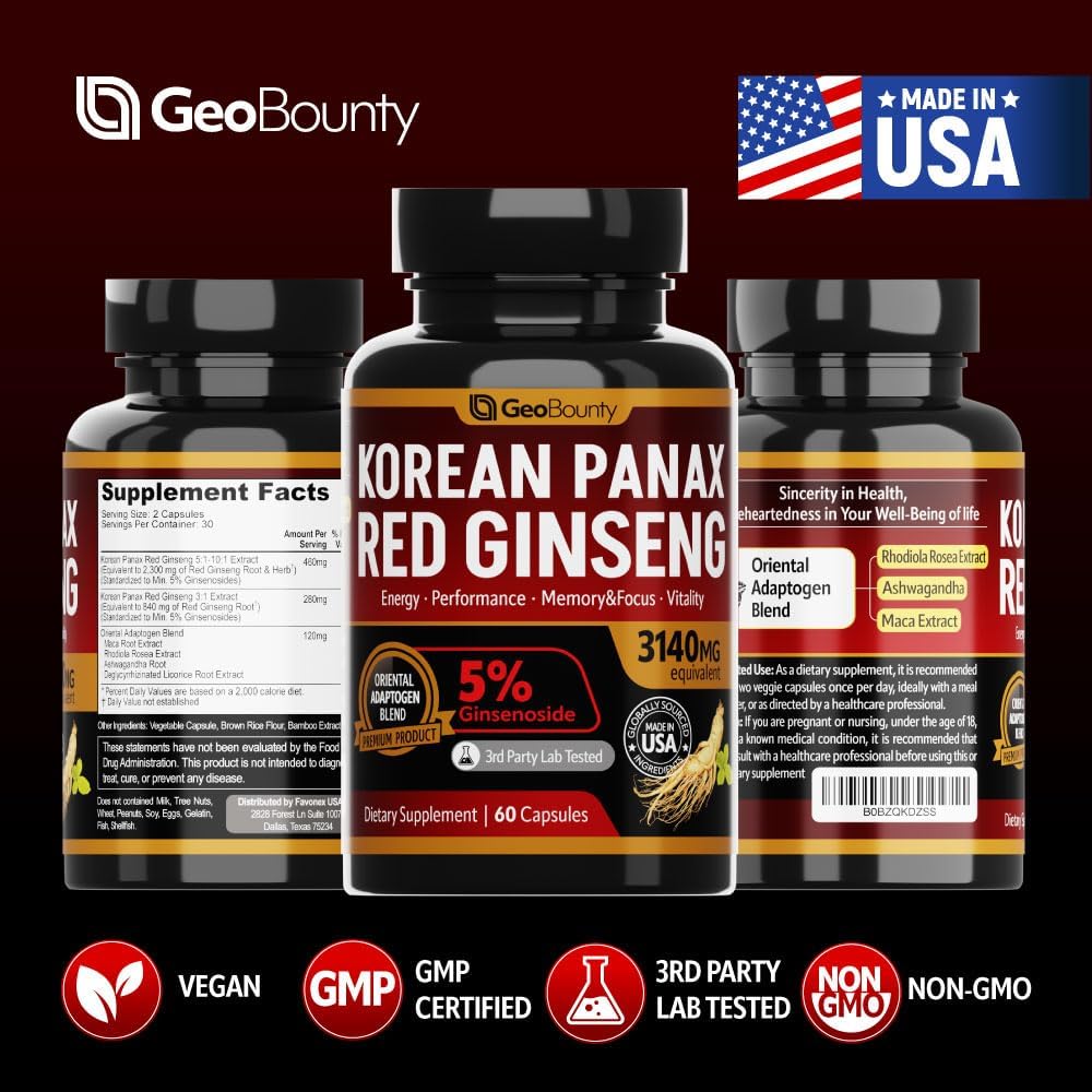 Premium Korean Panax Red Ginseng Supplements 3140mg - 60 Capsules with Maca Root - Made in USA - High Ginsenoside Content
