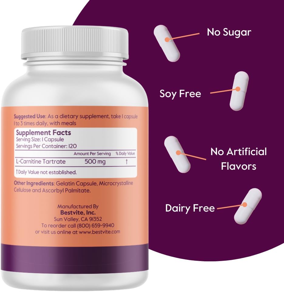 Premium L-Carnitine Tartrate Supplement 500mg - 240 Capsules (120x2) - No Stearates - Non GMO - Gluten Free