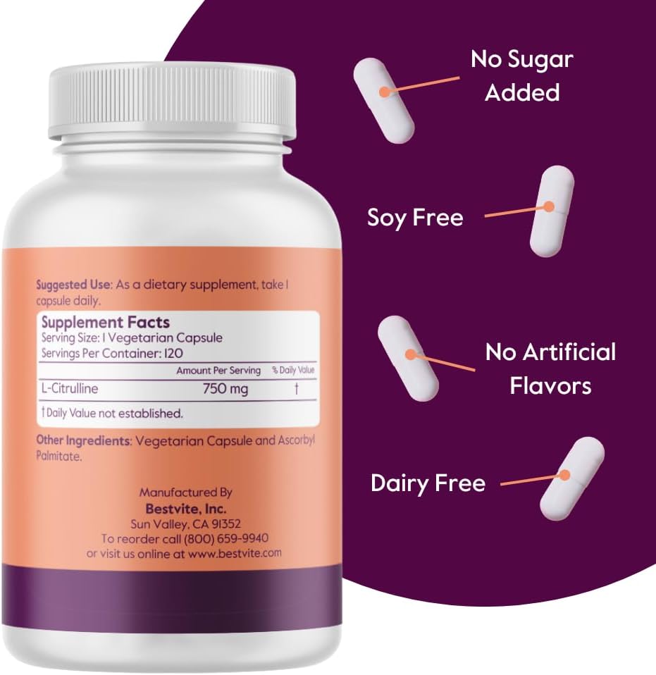 Premium L-Citrulline Supplement 750mg (120 Veg Caps) - Pure Formula, Non-GMO, Gluten-Free, Vegan - No Additives, No Fillers