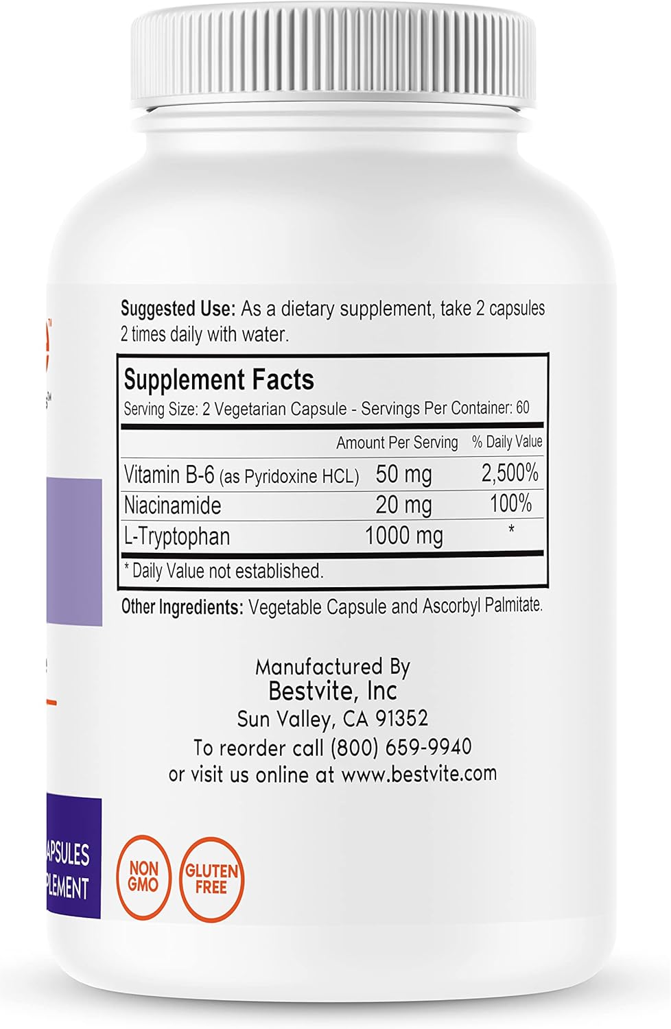 Premium L-Tryptophan 500mg with Vitamin B3 & B6 (120 Capsules) - Vegetarian Formula without Fillers or Stearates