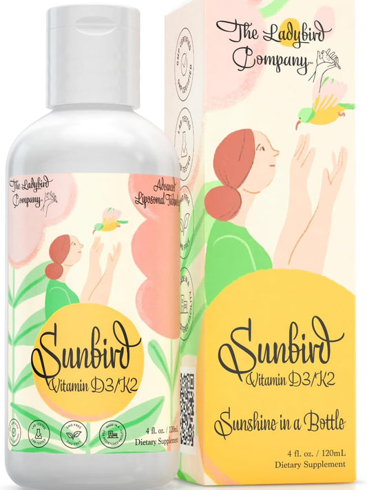 Premium Ladybird Company Sunbird Liposomal Liquid Vitamin D3 & K2 for Women: Menopause, Fertility, Pregnancy & Bone Health - Sugar-Free, Vegetarian, Sublingual Liquid - Made in USA