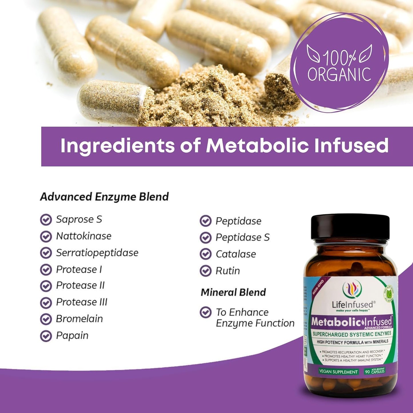 Premium Life Infused Metabolic Support - Vegan Blend of 11 Enzymes & 72 Minerals for Healthy Immune System - 90 Servings