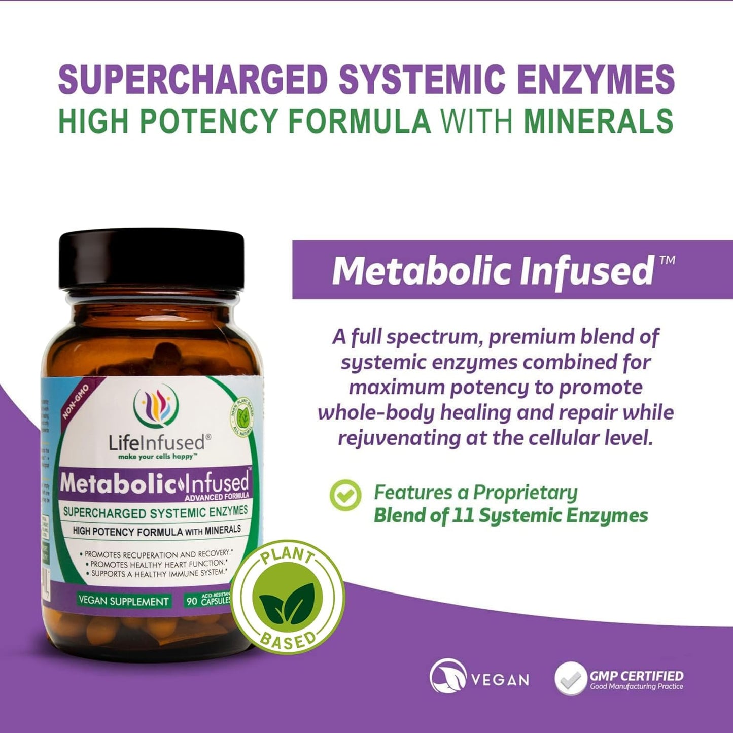 Premium Life Infused Metabolic Support - Vegan Blend of 11 Enzymes & 72 Minerals for Healthy Immune System - 90 Servings