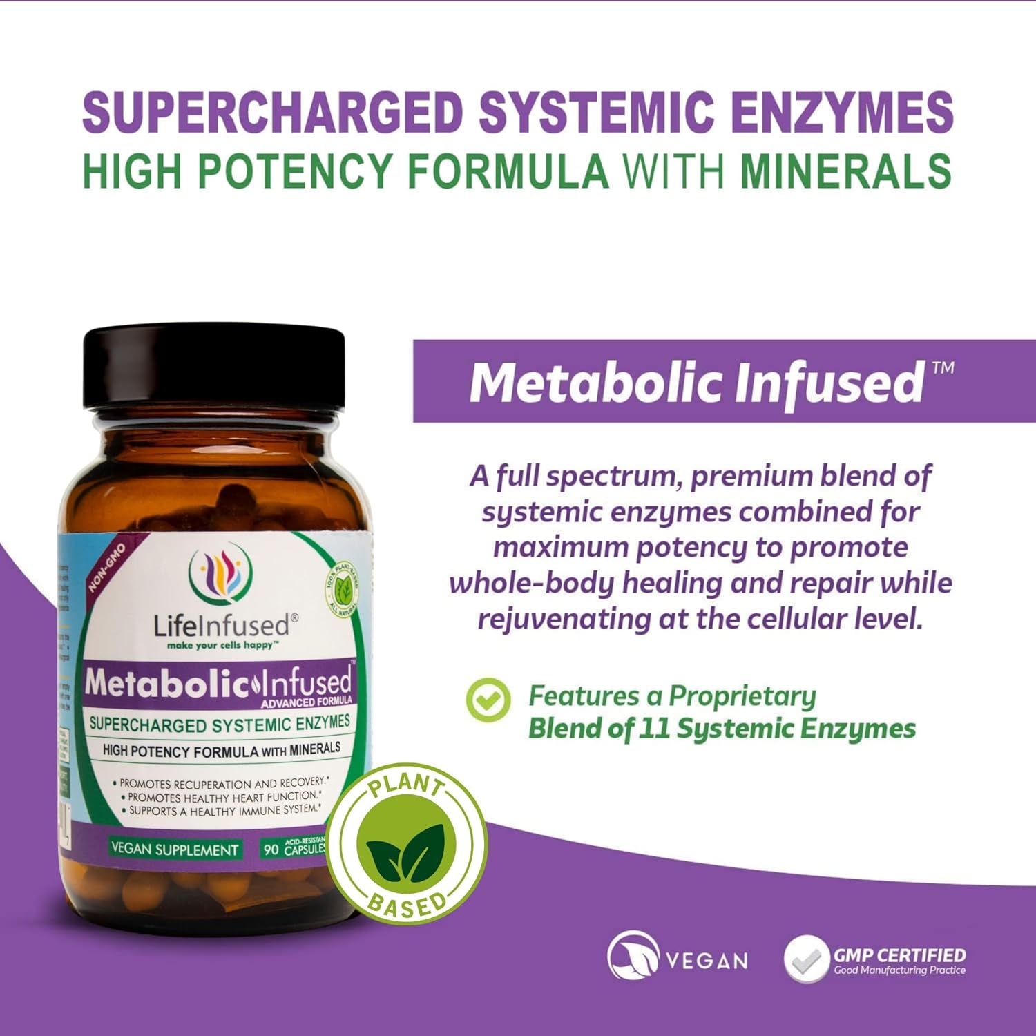 Premium Life Infused Metabolic Support - Vegan Blend of 11 Enzymes & 72 Minerals for Healthy Immune System - 90 Servings