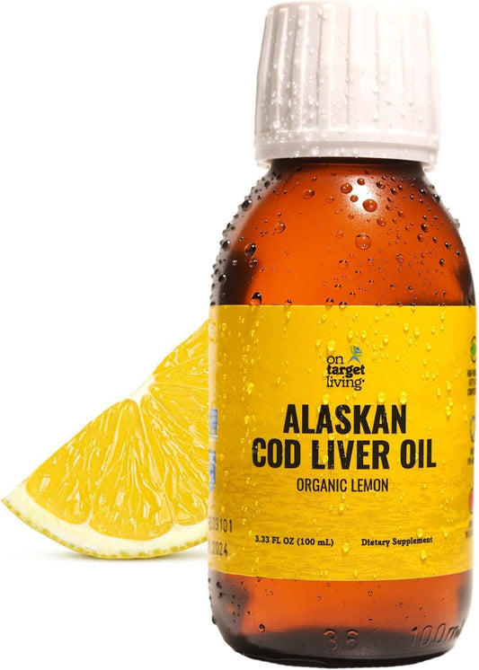 Premium Line Caught Alaskan Cod Liver Oil - Travel Size 3.33 oz | Organic Lemon Flavor | Rich in Vitamins A & D | On Target Living
