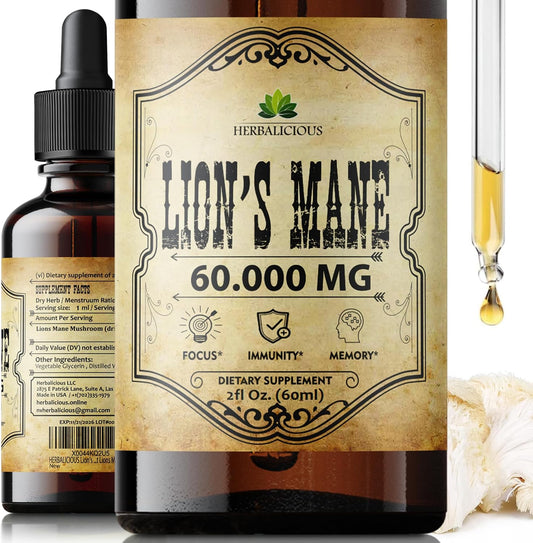 Premium Lion's Mane Liquid Mushroom Supplement for Memory, Focus, and Nerve Support - Non-GMO and Gluten-Free - 2 Fl Oz