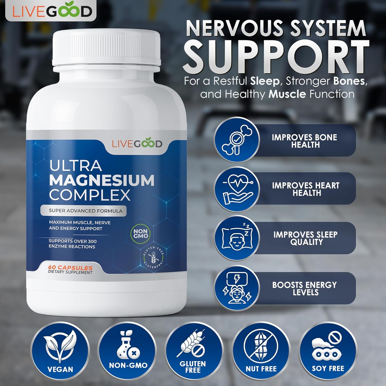 Premium LiveGood™ Ultra Magnesium Complex: Muscle, Nerve, & Energy Support - Non-GMO, 420mg Magnesium Glycinate & Gluconate - 60 Capsules