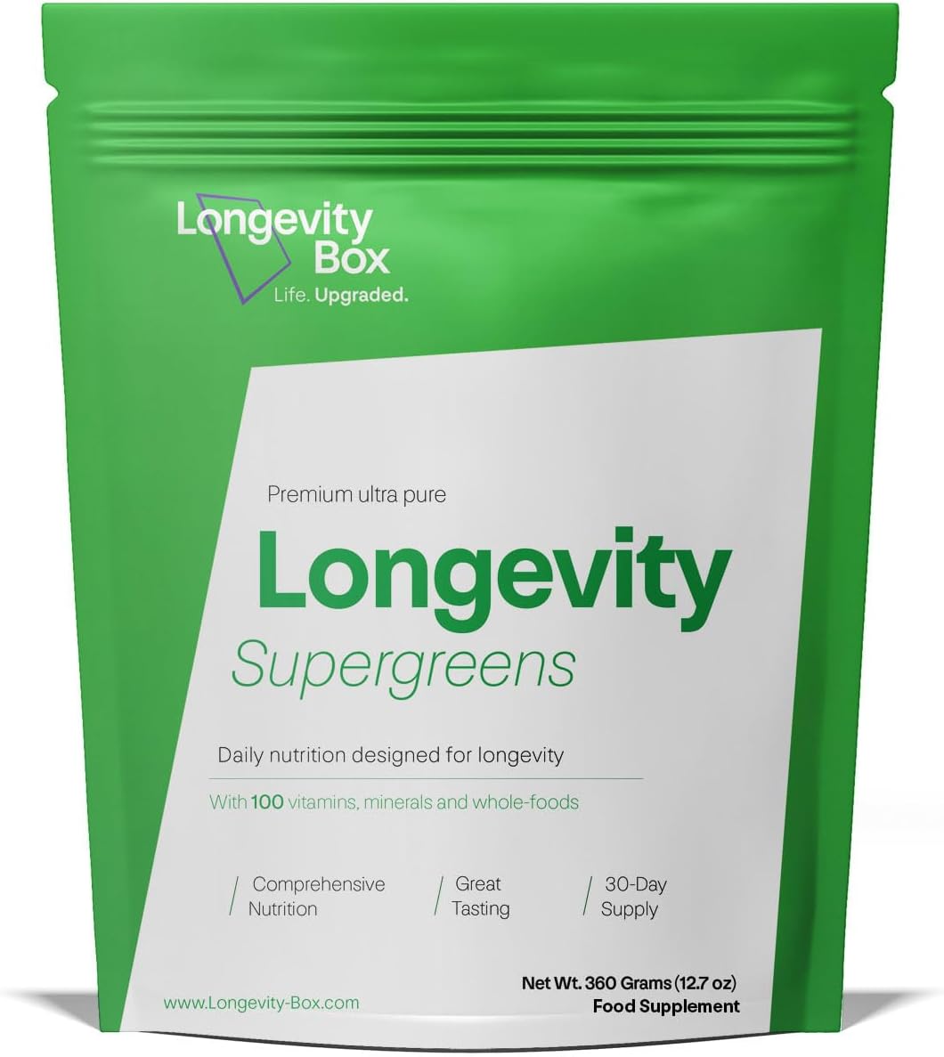 Premium Longevity Box Super Greens Powder - 100 Ingredients | 300g, 30 Servings | Vegan & Vegetarian | Rich in Vitamins & Minerals